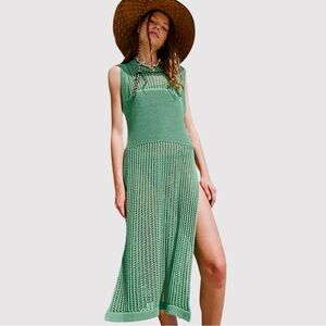 Free People Womens Cover Up Green Crochet Side Slit Sleeveless Beach One Size